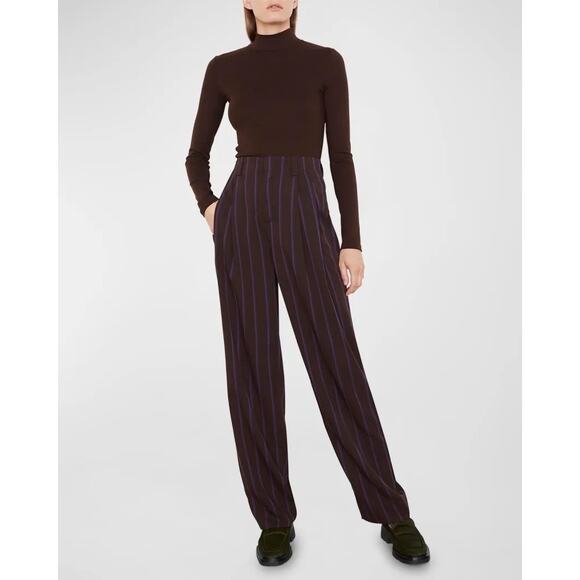 Vince Pleat-Front Wide-Leg Pants in Brown and Purple Stripes Size 14 - Picture 1 of 13